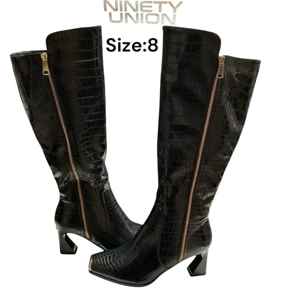 Ninety Nine Black Over the Knee Boots with Textured Finish
